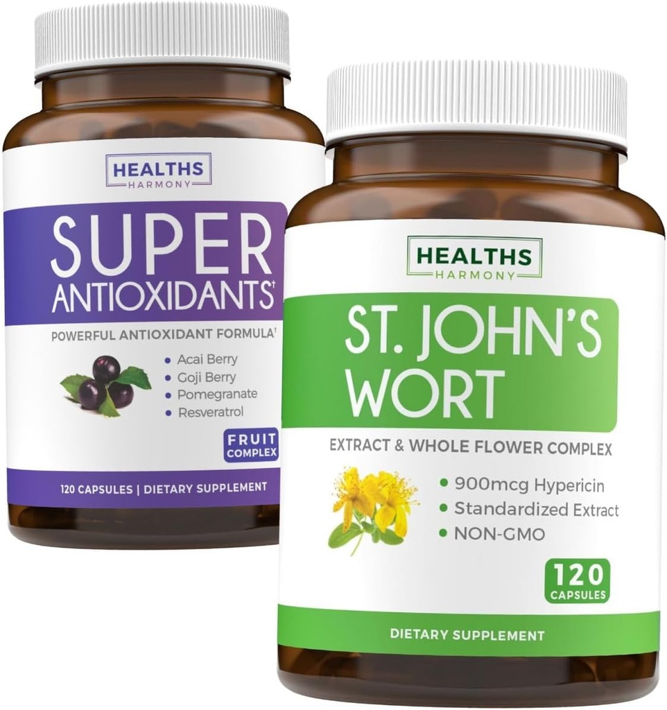 抗氧化剂 & St. John's Wort (2-Month Supplement) 静态抗氧化剂混合剂 - 超级抗氧化剂 - 强大的超级食品日报 Blend (120 Caps) & St. John's Wort - 强大的9000mcg 提取剂 (120 Caps)