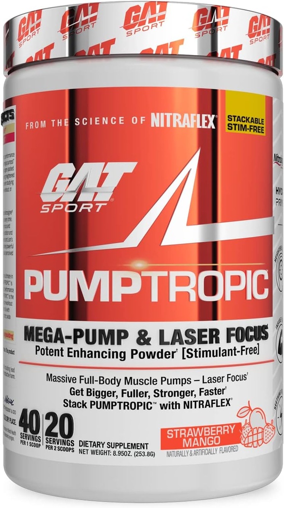 GAT Sport Pumptropic Mega-Pump & Laser Focus Potent 增强粉剂(无兴奋剂),40种服务(草莓芒果)