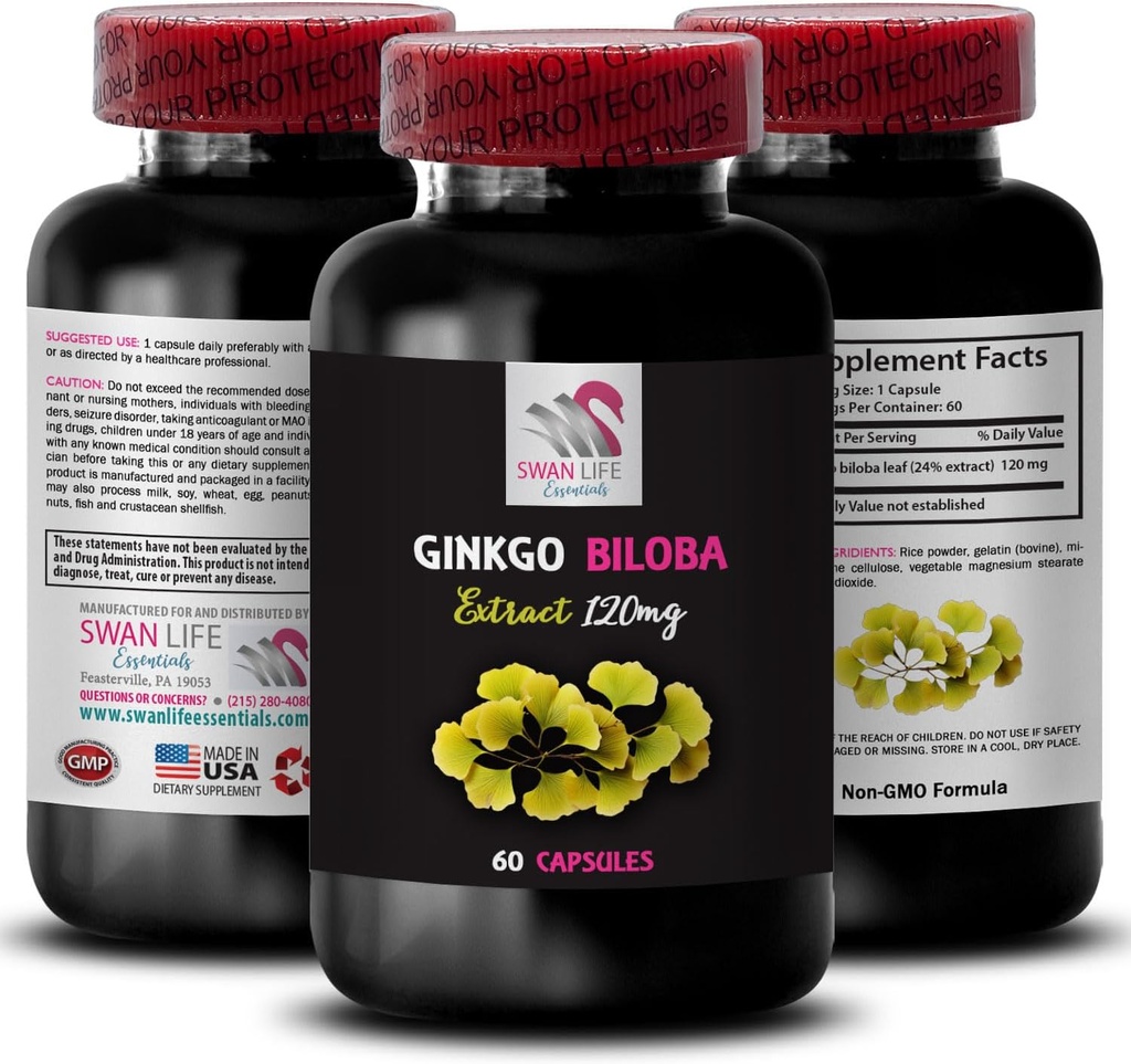 Ginkgo biloba 补充剂 - Ginkgo BILABA 提取剂 - 天然抗氧化剂提取剂,草药抗氧化剂支持,Ginkgo biloba 福利,植物提取剂补充剂,植物基抗氧化剂 1 瓶60 Caps