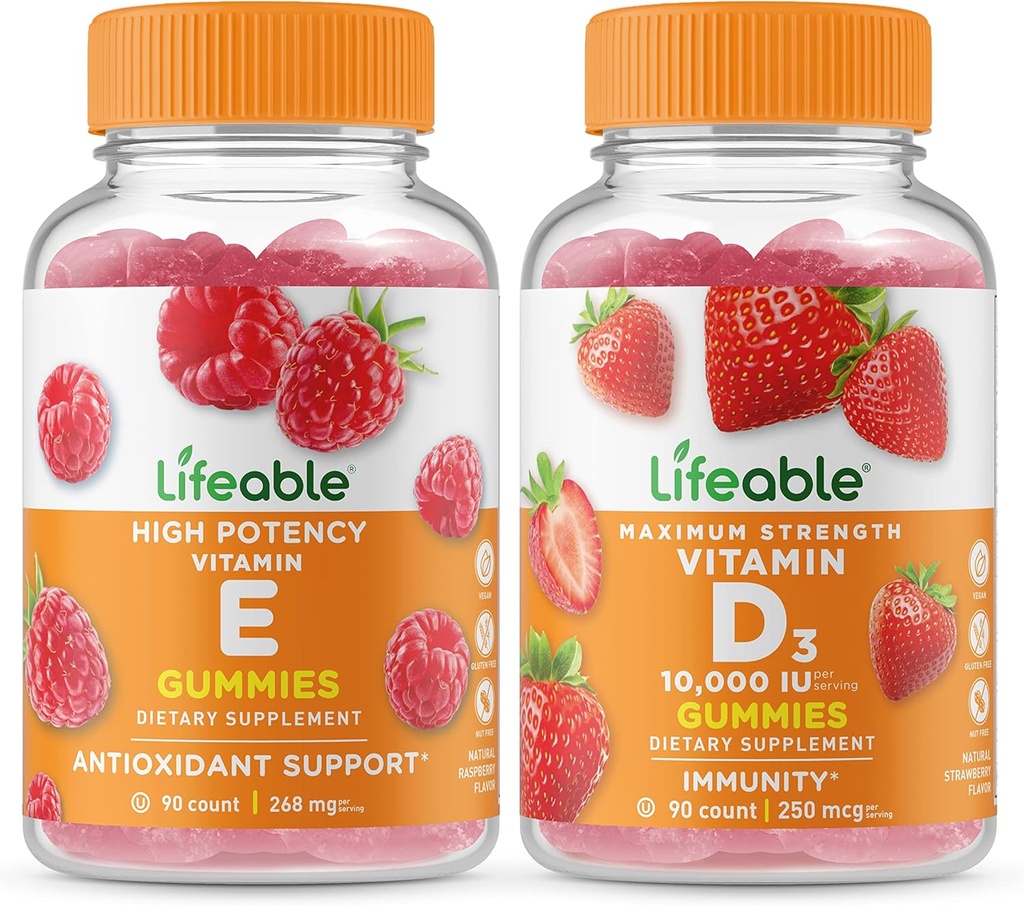 活生生的维生素E + 维生素D 10000 IU, Gummys Bundle - 大品尝, 维生素补充, Gluten Free, GMO Free, Chewable Gummy (英语).