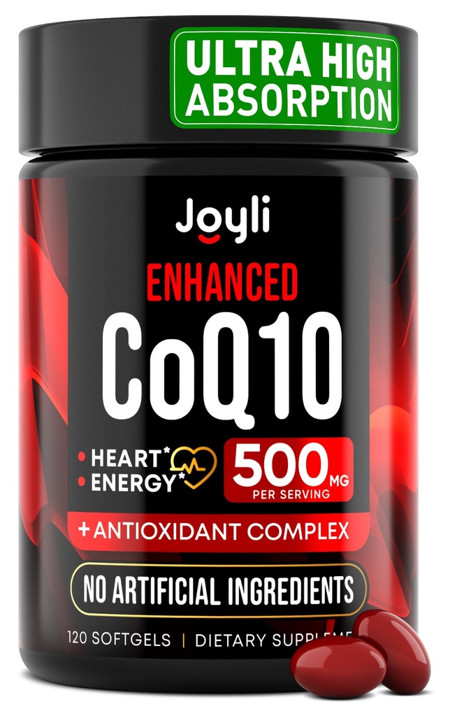 高吸收 CoQ10 500MG - Co Q 10 心脏健康和能源生产的软胶 - 增强的 CoQ10 营养补充物 Coenzyme Q10 - Coq10 400mg软胶的替代品
