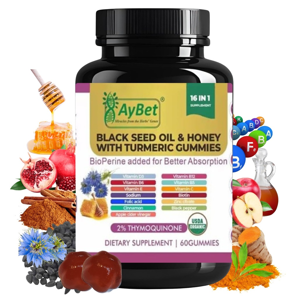 黑籽油和蜂蜜配有Turmeric Gummys配有BioPerine,苹果苹果苹果苹果苹果醋醋,Biotin,Zinc & Vitamins C D3 B12 — Immune, Detox, Energy & Hair Skin Nails Supports — 60 Vegan,Halal,有机胶原