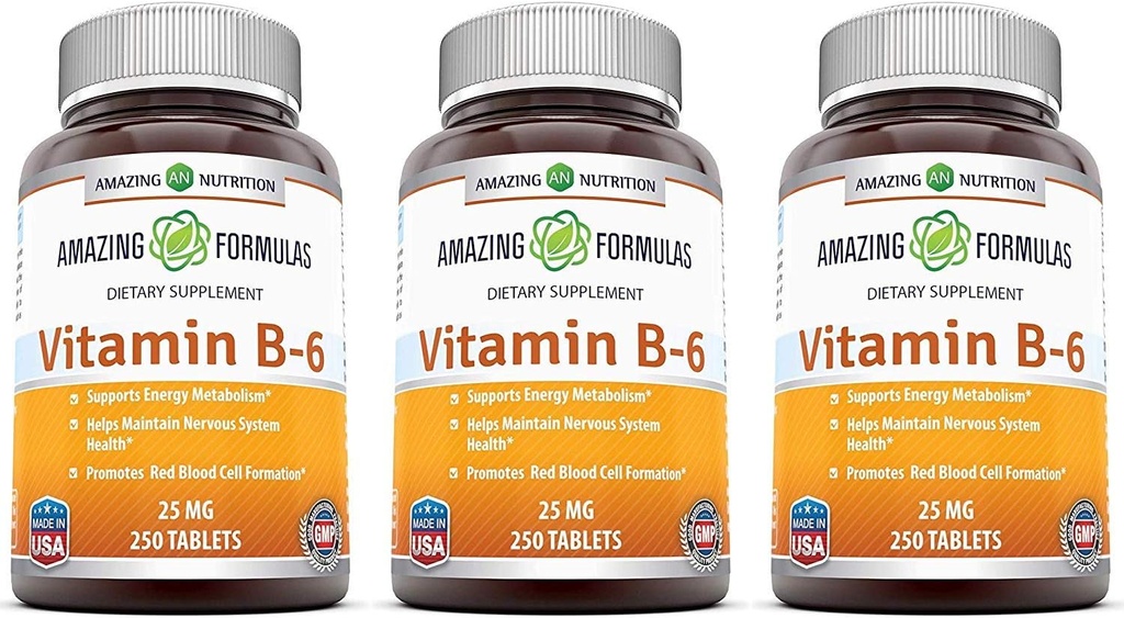 神奇的维生素B6 Pyridoxine 25mg 250 平板电脑 Supplements QQ Non-GMO QQ Gluten Free QQ 在美国制造 (3 Pack)