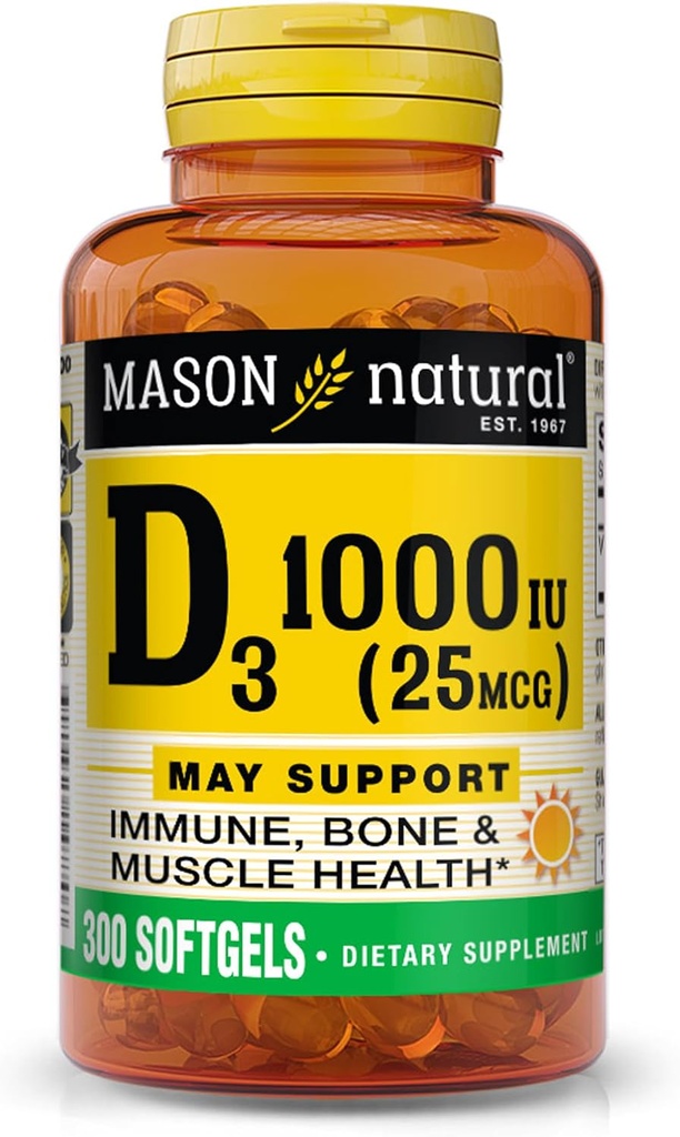 MASON NATURAL 维生素D3 25 mcg(1 000 IU),支持整体健康,加强骨骼和肌肉,来自鱼肝油,300软胶