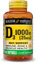 MASON NATURAL 维生素D3 25 mcg(1 000 IU),支持整体健康,加强骨骼和肌肉,来自鱼肝油,300软胶