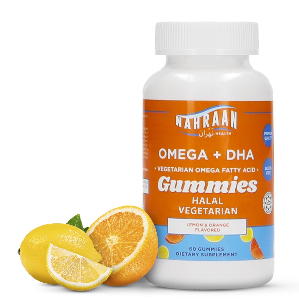 Halal Omega 3 成人与儿童 - Omega 3 蔬菜古米与柠檬和橙色Flavor - 成人与儿童古米 - 60个