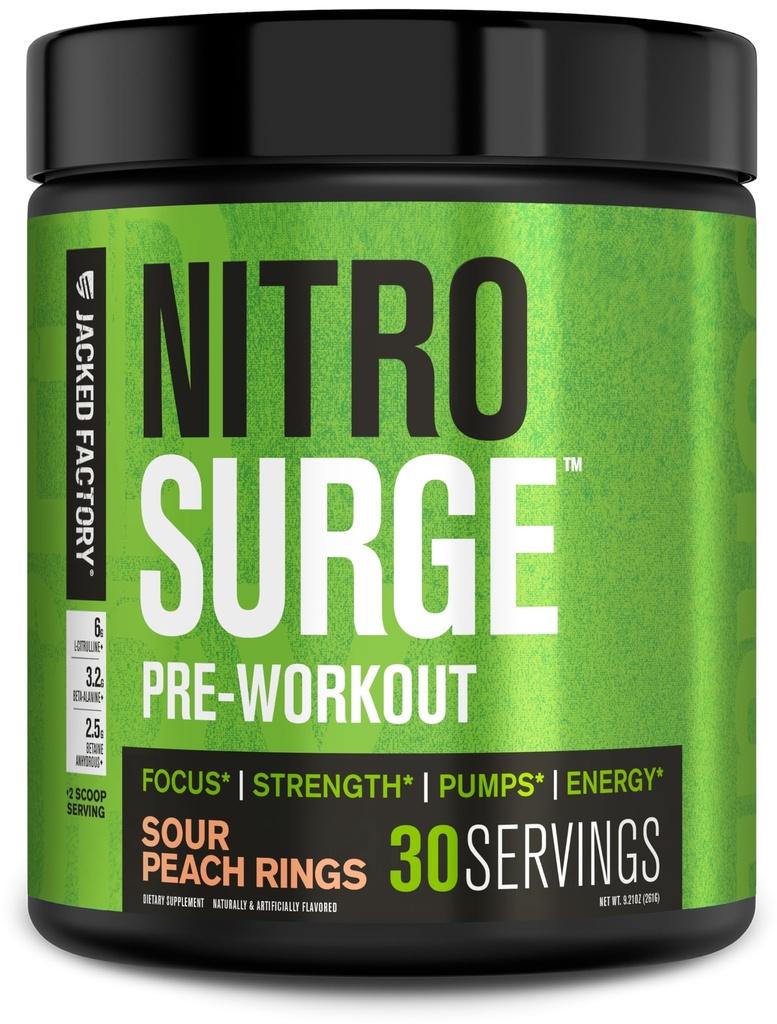 Jacked Factory NITROSURGE Pre Workingout Supplement - 无尽能量,即时力量增益,清晰焦点,强度泵 - NO Boster & Powerful Preworkout 能量粉 - 30 services, Sour Peach Rings