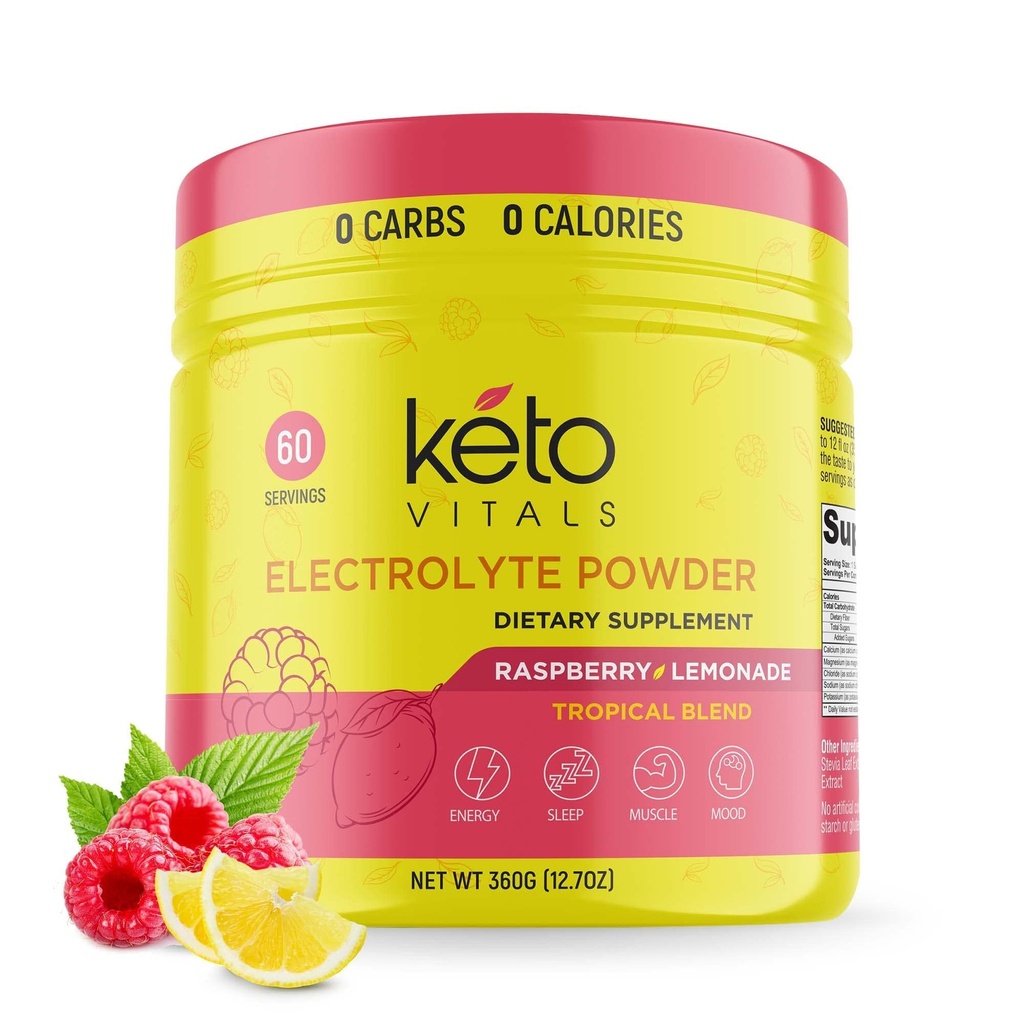 Keto Vitals Electrolytes Powder - 无糖 Keto Ectrolytes Powder with Potassium, Magnesium, Sodium, & Calcium - 无糖 Ectrolyte Drinking Mix & Hydrition Powder, 60 services, Raspberry 柠檬水