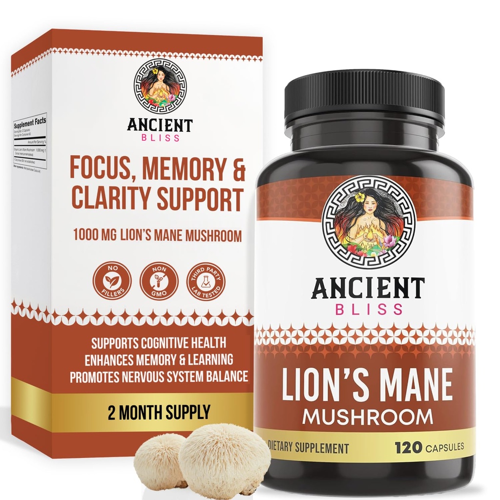 Ancient Bliss Lion的 Mane 补编(2个月供应) - 120 Vegan 蘑菇 Capsules - 可能支持精神清晰,能量和May 聚焦-记忆和免疫支持蘑菇 补编
