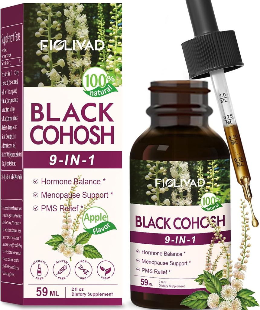 Black Cohosh Drops, Hormone 平衡的草药提取混合剂, 更年期支持 & PMS Relief. 2oz - (Apple Flavor)