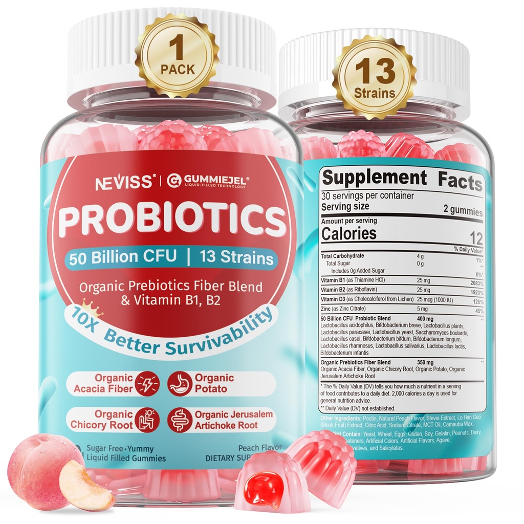 NEVISS Probiotic + 成人和孩子的预生蛋白 4+,无糖 5亿 CMUs w/Fiber,维生素 B1 B2 D3 & Zinc,用于消化和古特健康,Boost Microflora diversity,60 Cts