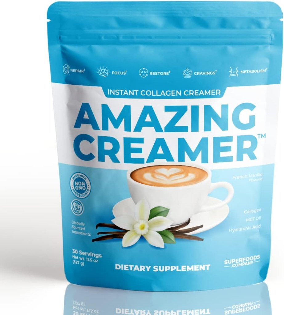 超级食品公司 奇异奶油加Collagen-Keto Creamer-Hyaluronic Acid & MCT Oil - Brain Boost & Curbs Craves - 支持健康皮肤和头发 - 健怡 [30 services] [Vanilla]