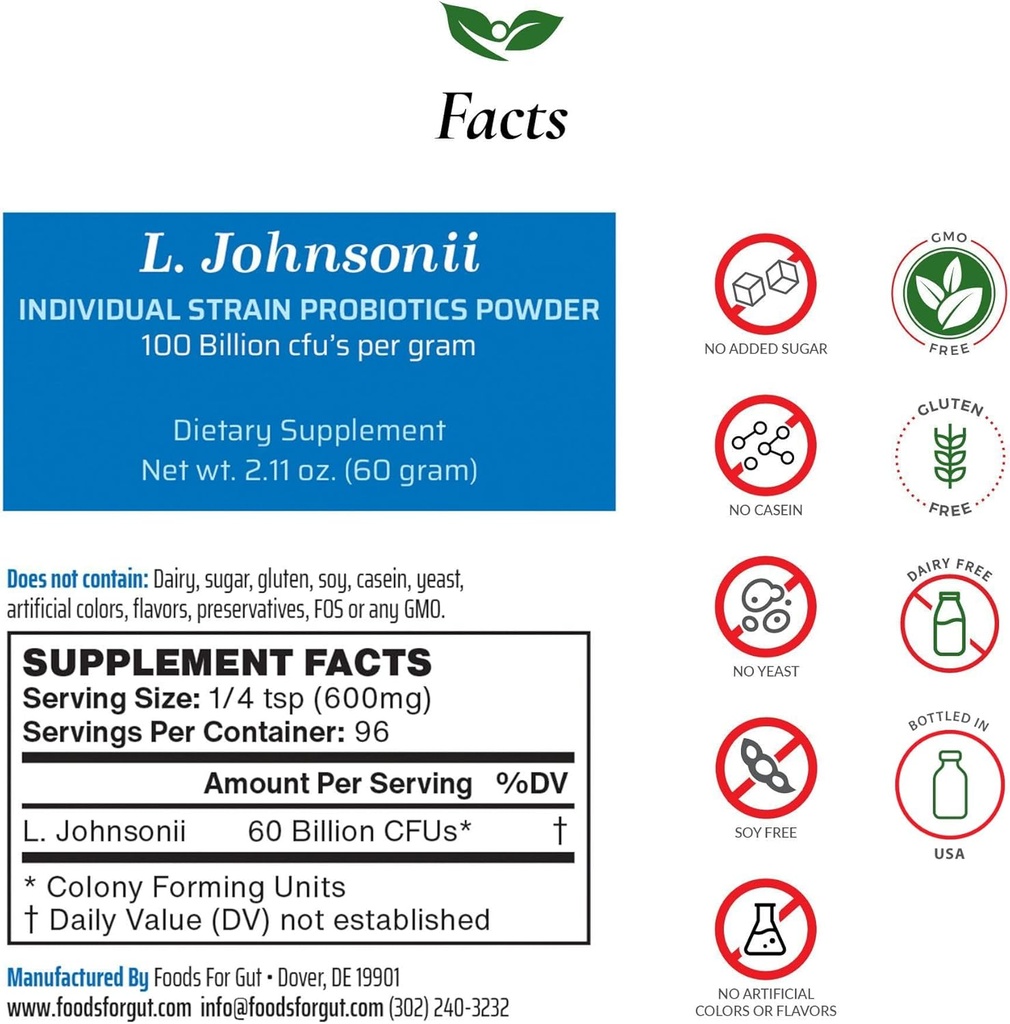 Gut Lactobillus Johnsonii Probiotic Powder 100亿 cfu's QQ No Additives 由制造商直接提供 没有第三方存储 QQ Immune 支持 L. Johnsonii QX 60 Grams (2.11 Oz)