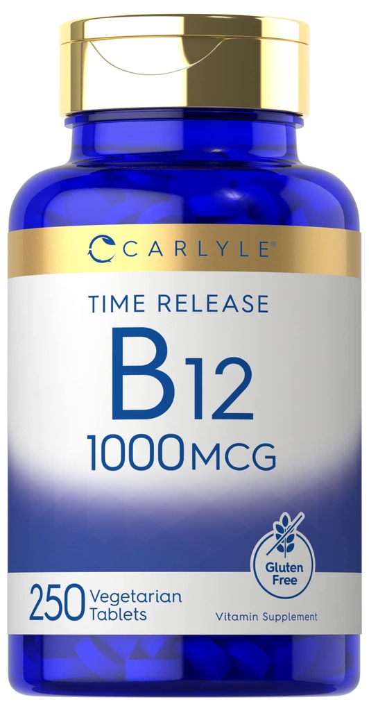 Carlyle B12 维生素 1000 mcg → 250 伯爵 → 时间释放碑 → 作为 Cyanocobalamin → 蔬菜, Non-GMO & Gluten 免费补充
