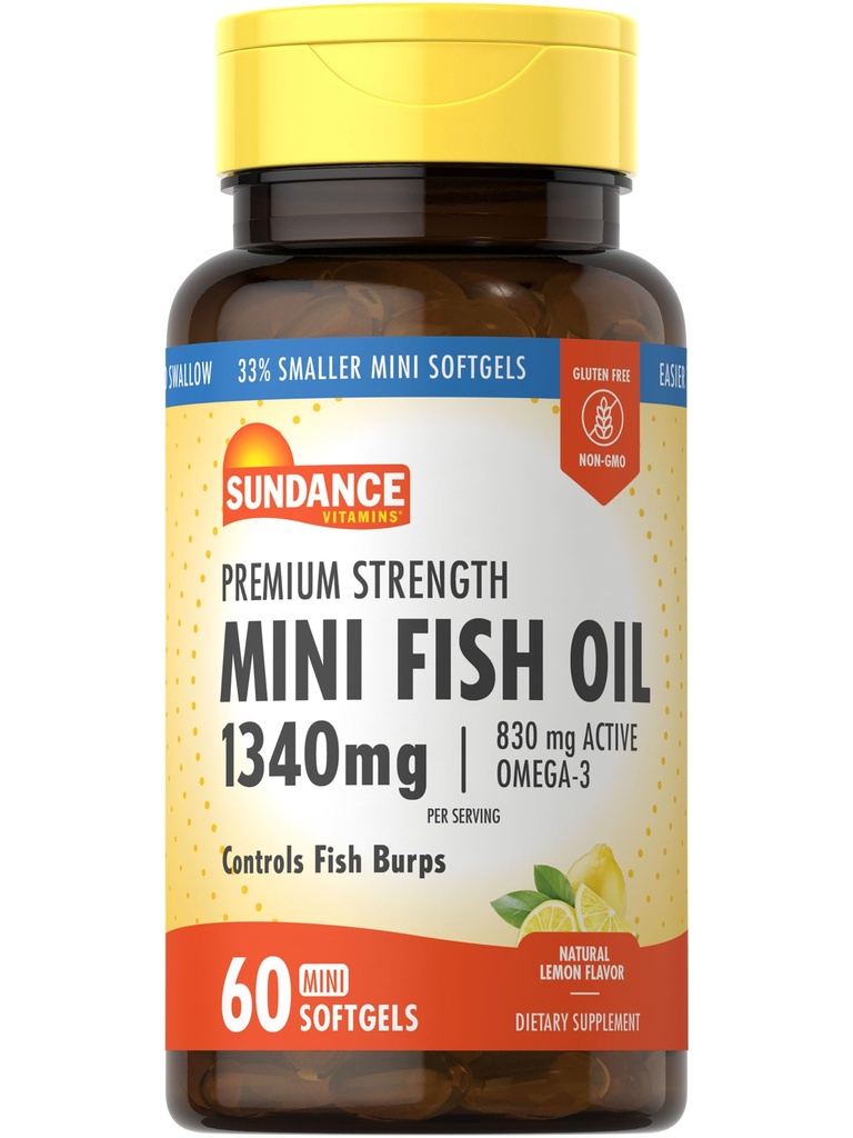 Sundance 迷你鱼油软胶 1340 mg → 60 Counter → 控制鱼 Burps → Premium 力量公式 与 Omega-3 → 天然柠檬 Flavor → Non-GMO 和 Gluten 免费补充