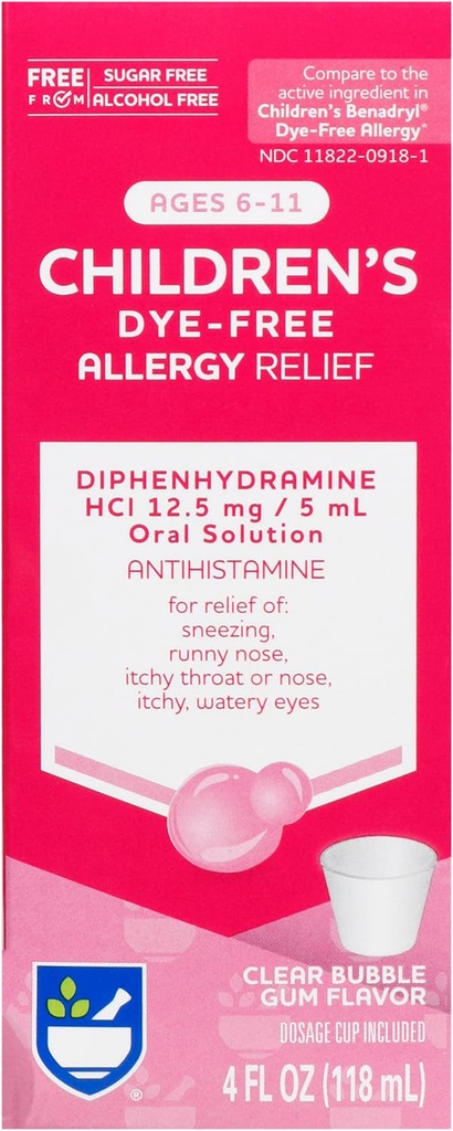 Rite Aids儿童过敏性缓解,二苯胺HCI,Bubble Gum Flavor, 12.5 mg - 4 oz | Antihistamine |儿童过敏性医学 |儿童过敏性药 |儿童过敏性药