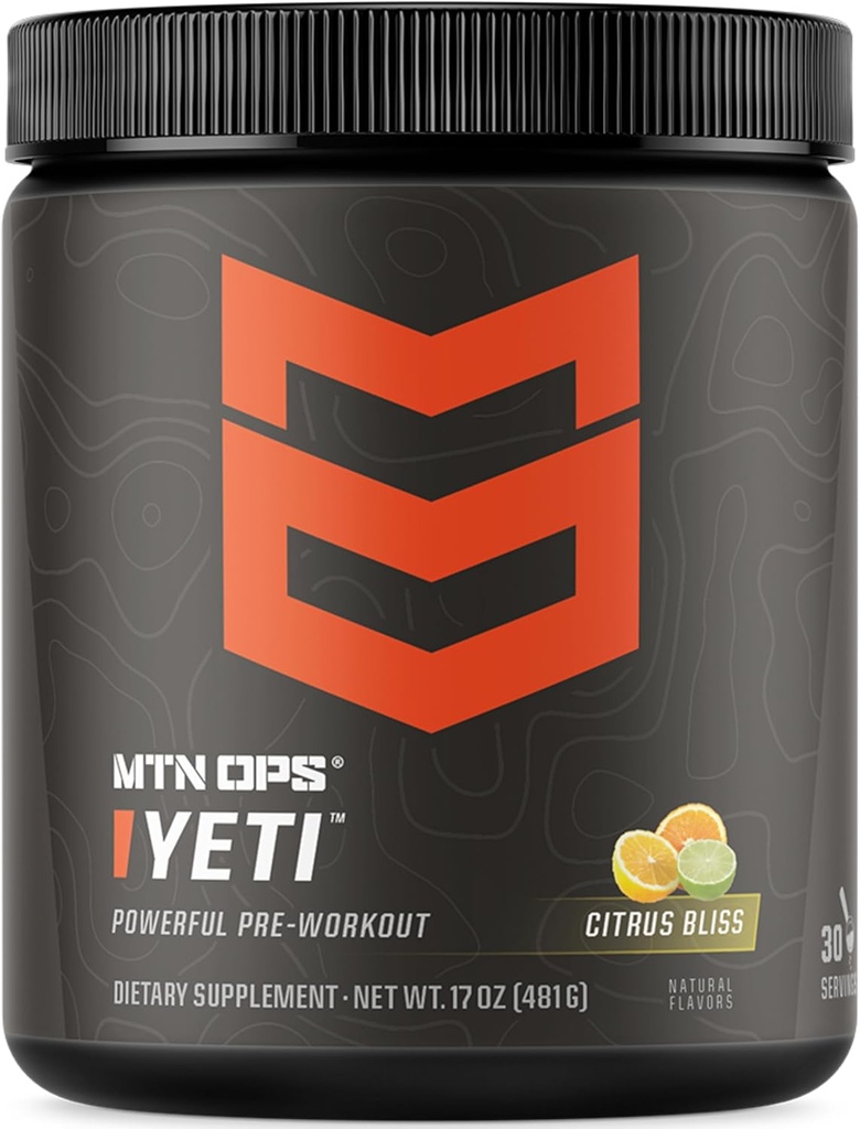 MTN OPS Yeti 预研粉能量饮用Creatine,200mg Cafeine 和 BCAAs 与 Beta Alanine, 30-Serving Tub, Citrus Bliss