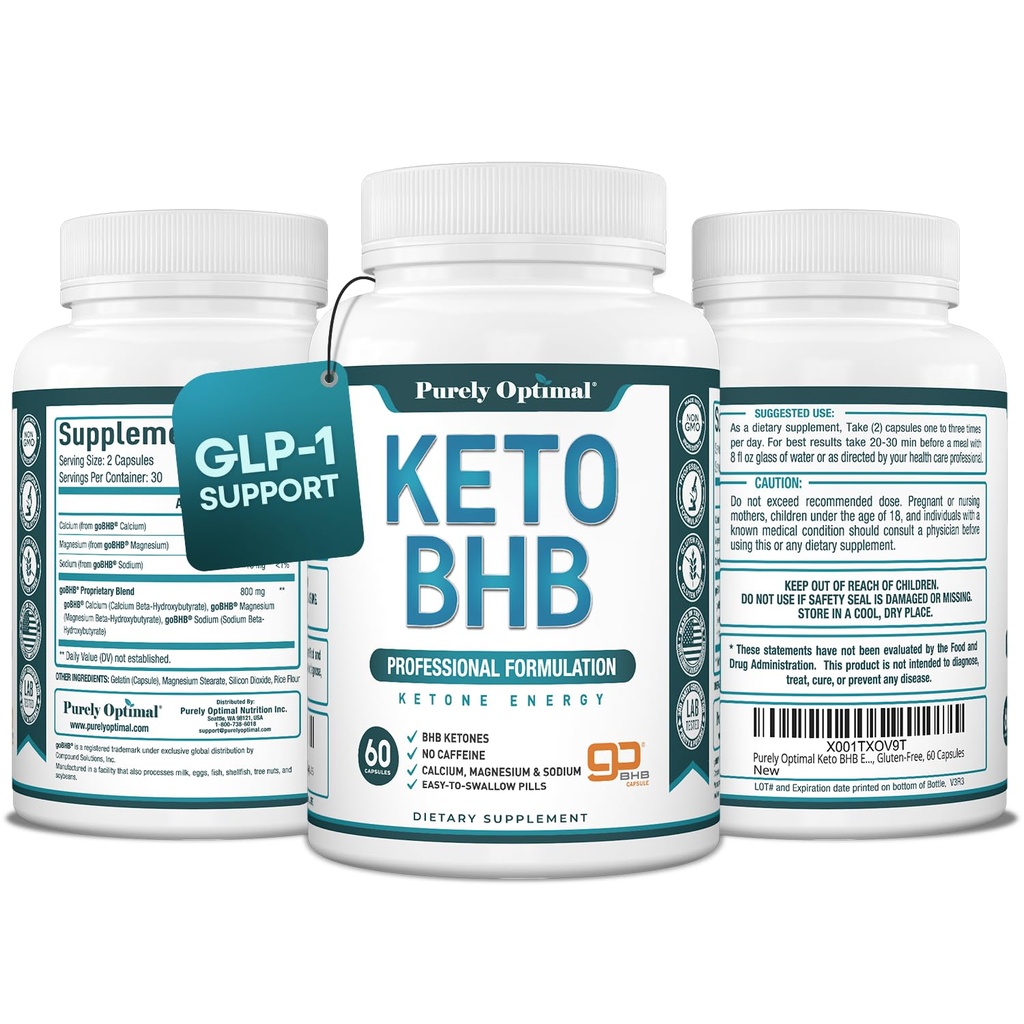 Purely Optimal Keto BHB Capsules – Exogenous Ketone Pills for Ketosis Support, Sustained Energy, Focus & Metabolism – for Women & Men, 60 Capsules