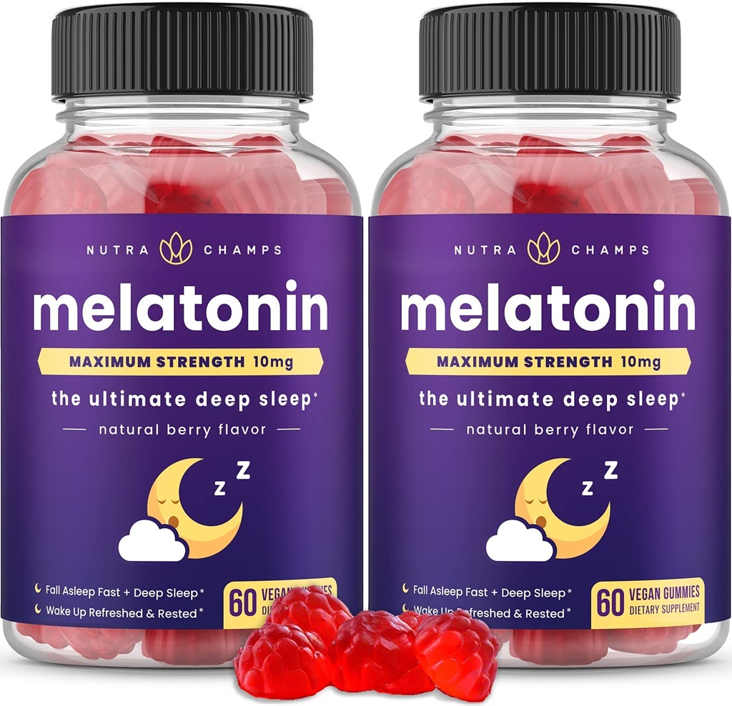 NutraChamps(成人2张Melatonin Gummys的包,超强睡眠援助维生素,5mg或10mg Dose,维根天然草莓Flavor更好的睡眠补充,120 Gummys)