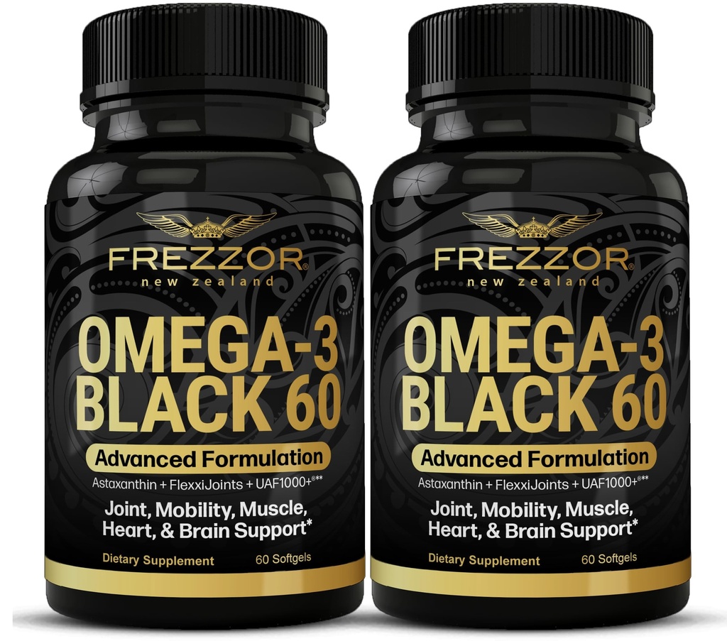 FREZZOR Omega 3 Black for Joint Care & Compfort - 新西兰绿色浸泡贻贝油瓶;53x 高潜性与UAF1000+超级抗氧化剂,无鱼类余味,60 Counter (Pack of 2)