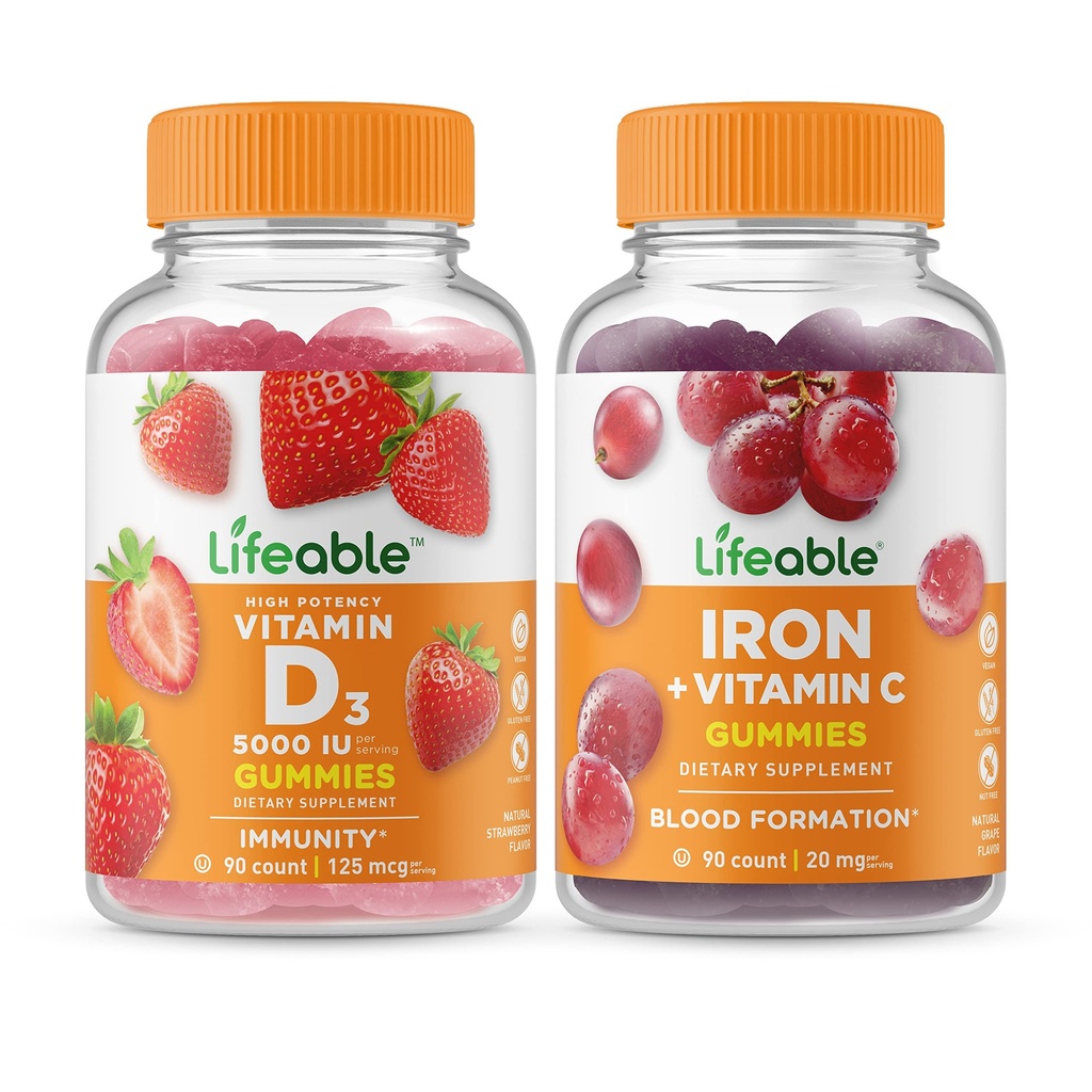 活生生的维生素D 5000 IU + 铁配维生素C,Gummys Bundle - Great Tasting,维生素补充,Gluten Free, GMO Free, Chewable Gummy 配有维生素C,Gummy Bundle - 大品尝,维生素补充,Gluten Free, Gluten Free, GMO Free, Chewable Gummy