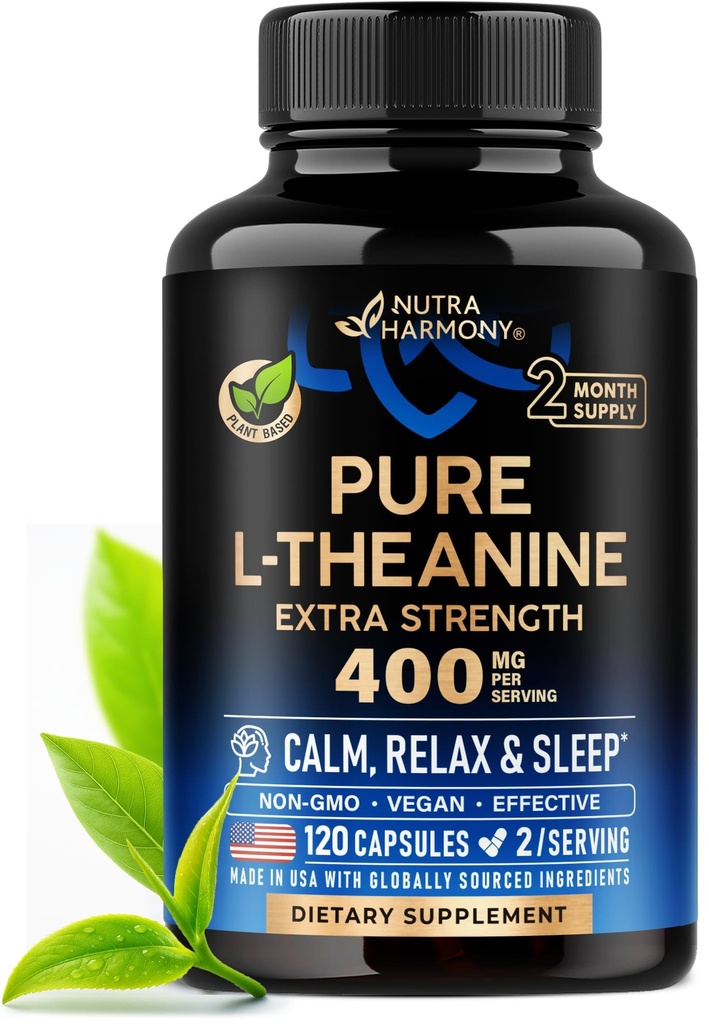 《Theanine 400 mg → L-Theanine压力缓解》《美国制造的超强补充》《放松、睡眠和冷静支持》《基于工厂、非GMO和无胶囊》《Vegan Capsules》