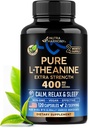 《Theanine 400 mg → L-Theanine压力缓解》《美国制造的超强补充》《放松、睡眠和冷静支持》《基于工厂、非GMO和无胶囊》《Vegan Capsules》