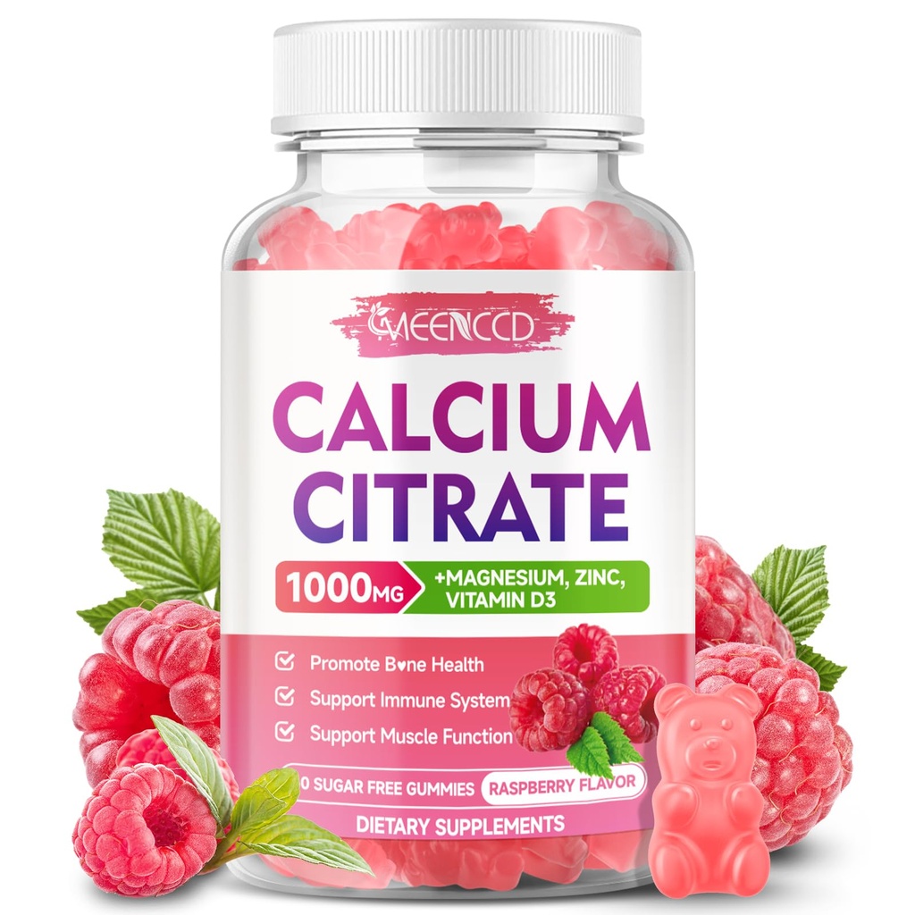 Citcate Gummys 1000mg w/维生素D3,女性和男性高吸收性钙补充剂,加镁,钾,肌肉和免疫的锌,无糖,Raspberry Flavor, 60 Counter