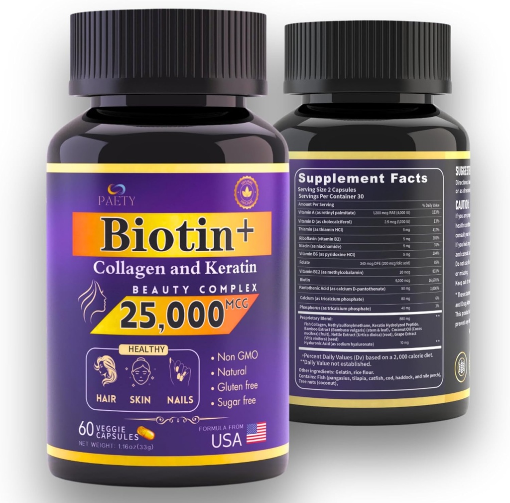 振兴你的美人! Biotin, Collagen & Keratin 综合体 – 25,000 mcg 与 Hyaluronic Acid & B 维生素 – 临床测试 Lush Hair, Radiant Skin, strong Nails – 60 Capsules
