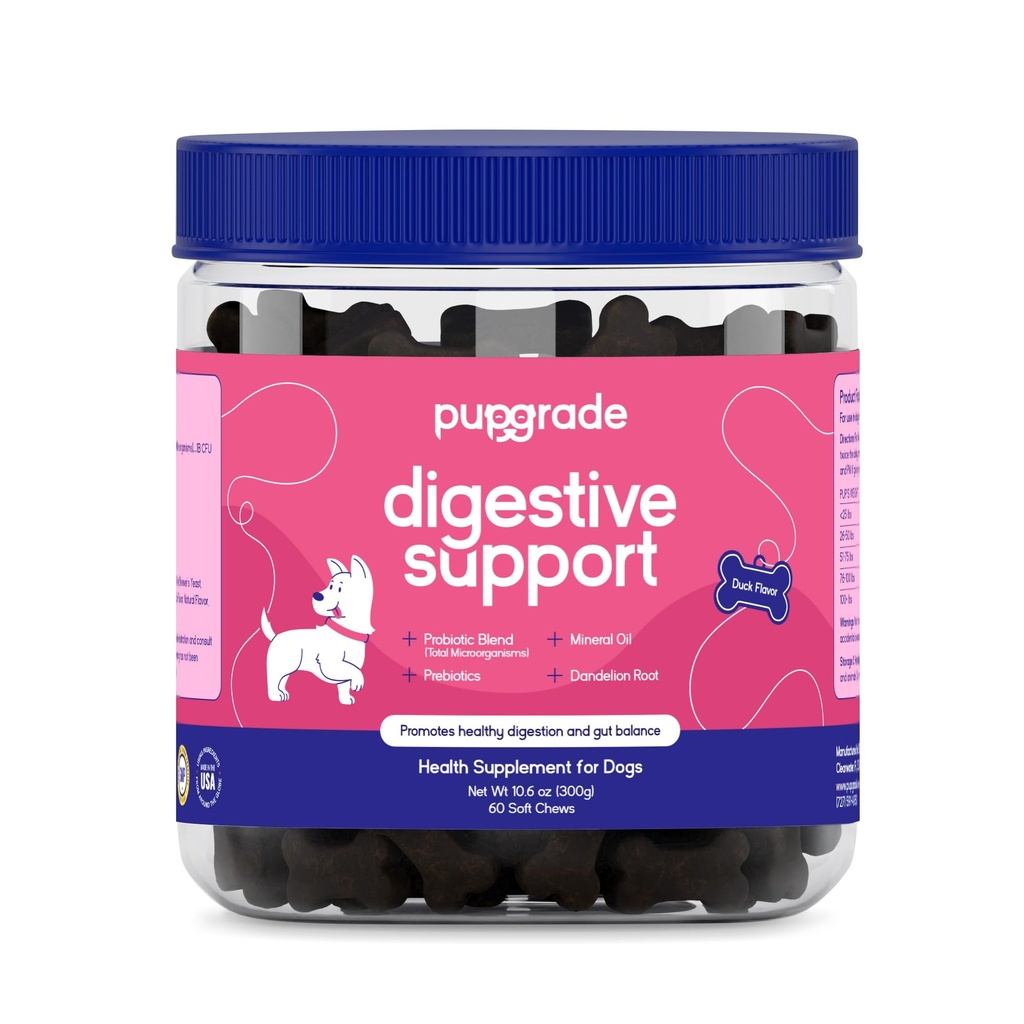 PupGrade Digestive Civersive Chews for Dogs - 配有Enzyme Blend的预生和亲生补充 - Upset Stomach, Diarrhea, Bowel, and Imune Support - 南瓜,蓝莓,矿物油 - 60 Soft Chews