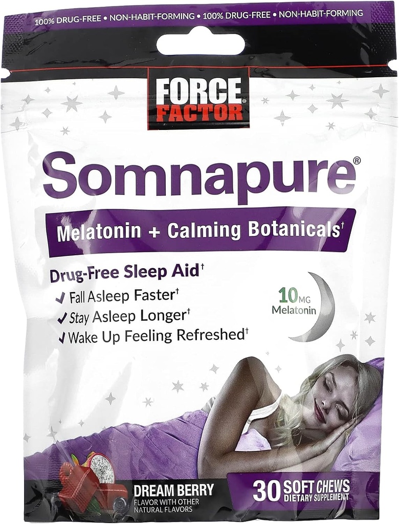 FORCE FACTOR SOMNAPOR SOMNAPURE 软咀嚼 配有 10 mg Melatonin, L-Theanine, 夏莫米利, Lemon Balm, Dream Berry Flavor, 30 软咀嚼