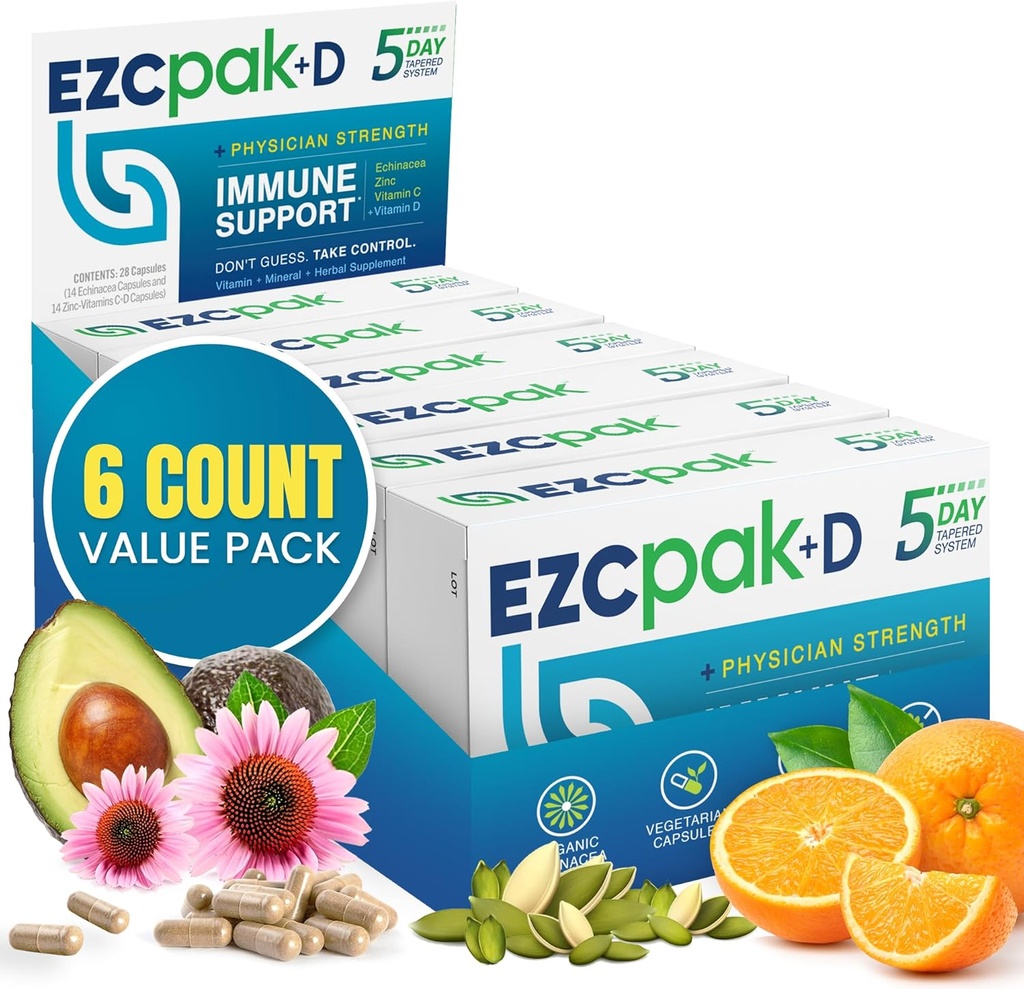 EZC Pak 5-Day Imune System 与 Echinacea,维生素C,锌和维生素D的促进器 - 成人磁带Imune 支持补充剂 - 支持豁免,轻松旅行-规模补充剂包 - (Pack of 6)