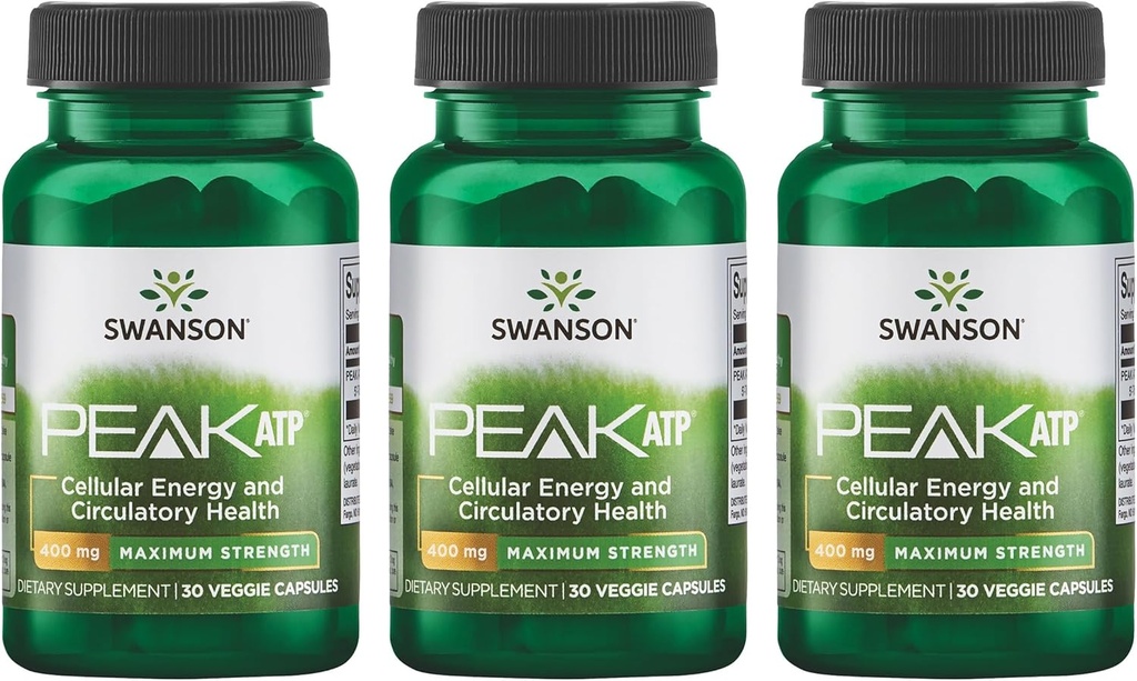 Swanson 最大强峰 ATP - 自然补充 推动细胞能量支持 - 支持身体性能,促进健康血液流动支持 - (30 Veggie Capsules,每件400mg) 3 Pack