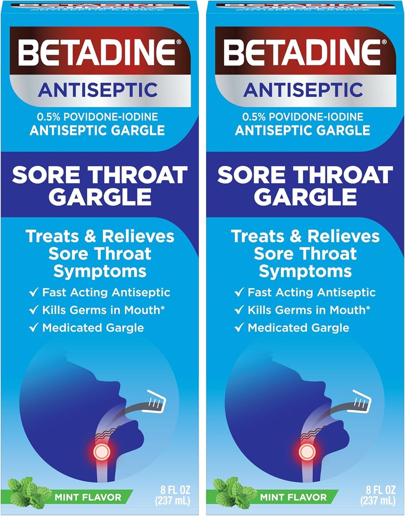 Betadine Sore Throat Relief Gargle, Mint Flavor, 快速代理抗化剂, Povidone-Iodine 0.5%, 8 oz (2 包)