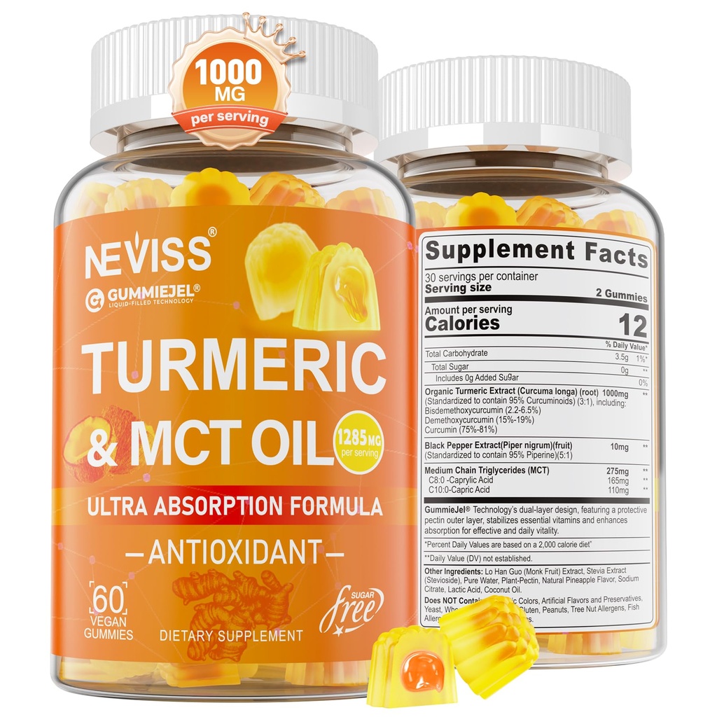 Turmeric Gummys 1000mg w/MCT Oil C8 C10,有机抗氧化剂,Turmeric Crucumin 配黑椒抽取剂,支持安慰剂,布斯特能量,超吸附剂,无糖,60Cts
