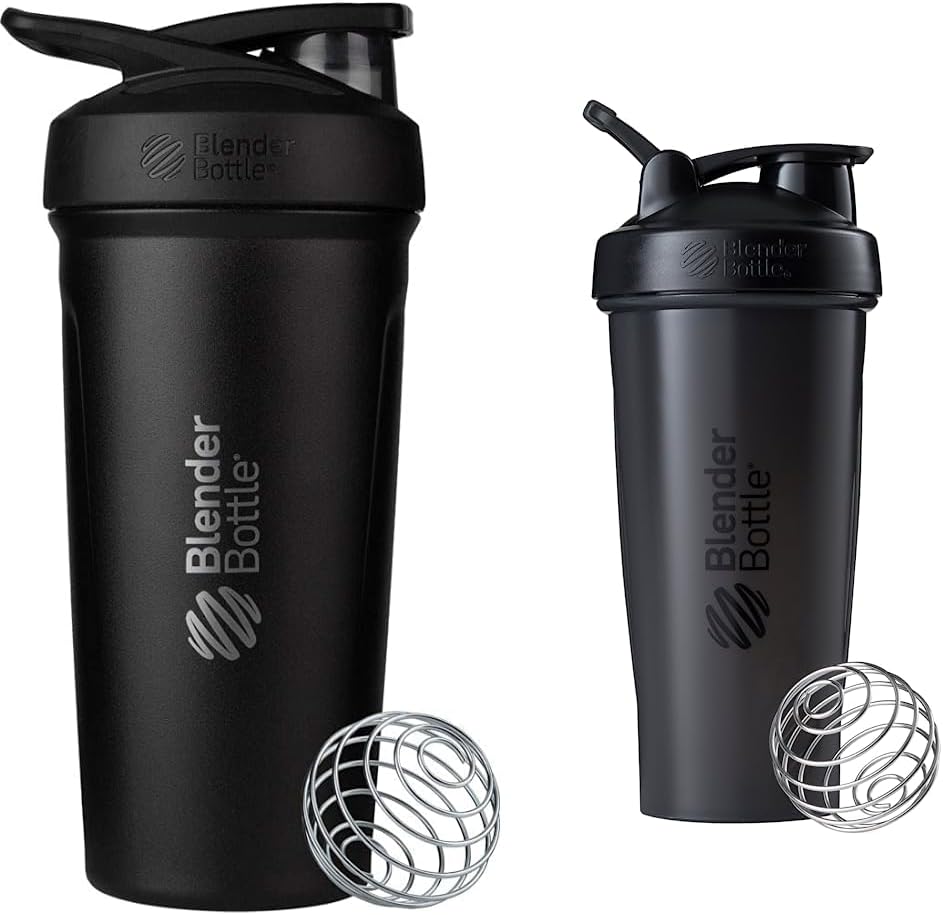 BlenderBottle Strada Shaker Cup 绝缘无锡钢铁水瓶与Wire Whisk,24 Ounce,黑和经典的Shaker瓶完美地用于蛋白质摇晃和预工作,28-Ounce,黑