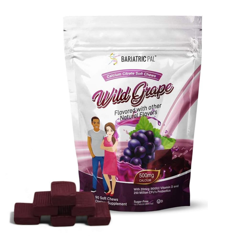 BariatricPal 无糖钙 Citrate Soft Chews + 500 mg 配有维生素D和抗生素 → 野葡萄 → 90 个计数(1个月供应)