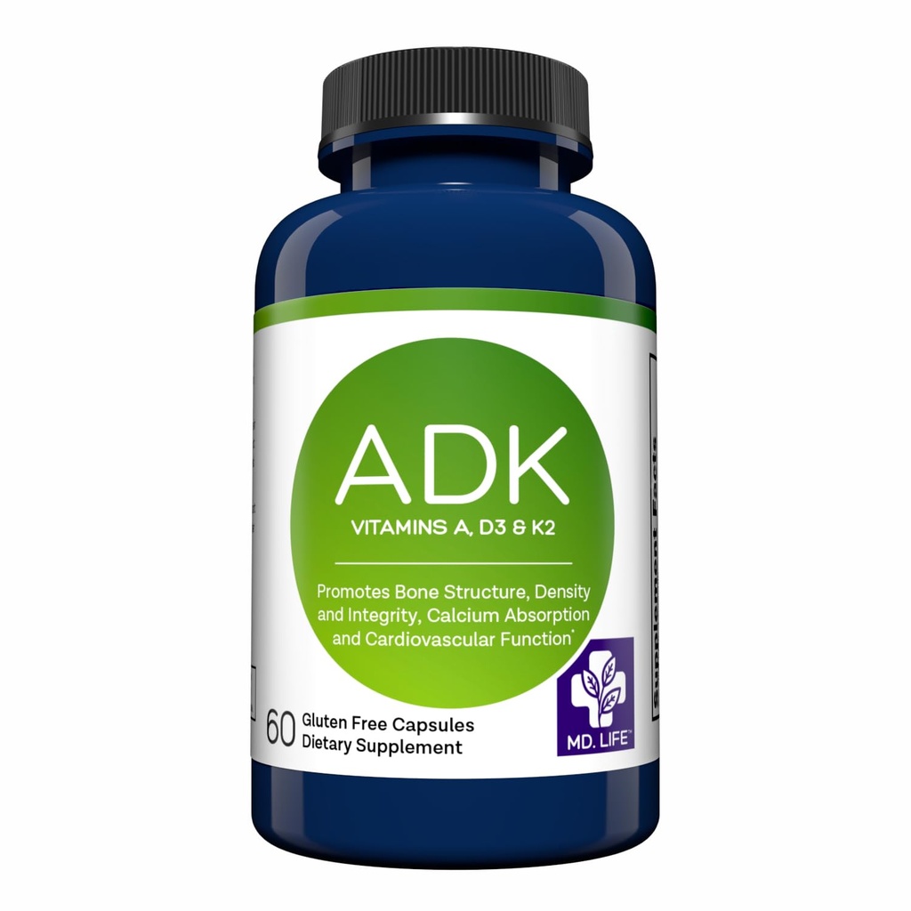 MD.LIFE ADK 维生素补充剂 — 维生素D3 K2和A Complex — 60 Capsules — 骨骼和心脏健康支持的高概率维生素ADK