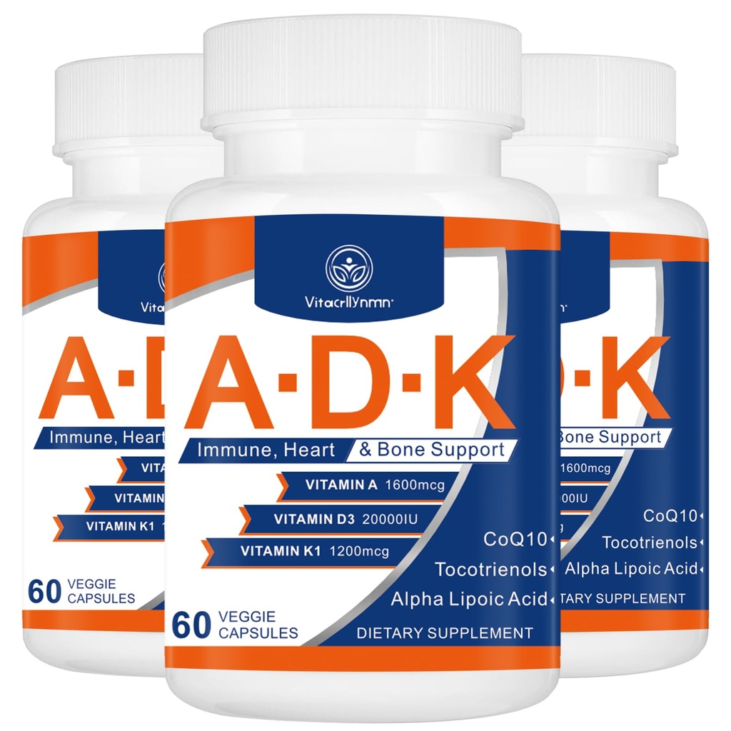ADK 维生素补充20000 IU - 心脏、骨骼健康和免疫支持维生素A、D3和K1的高发性维生素A、D3和K1