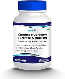 Choline Hydrong Tartrate 250mg & Inositol 250 Mg - 60 Capsules 能源代谢学,活体健康,大脑和神经功能的基本原理 - 非GMO, Vegan, Gluten Free, Dairy Free