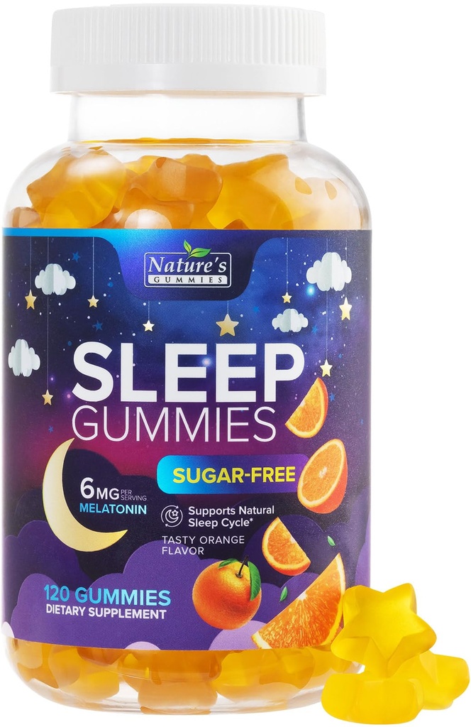 睡眠Gummys 6mg Pererference - 成人无糖Melatonin Gummy 补充 - 自然零糖 成人与儿童睡眠Gummy,橙泡,超强睡眠支持 - 120 Gummys