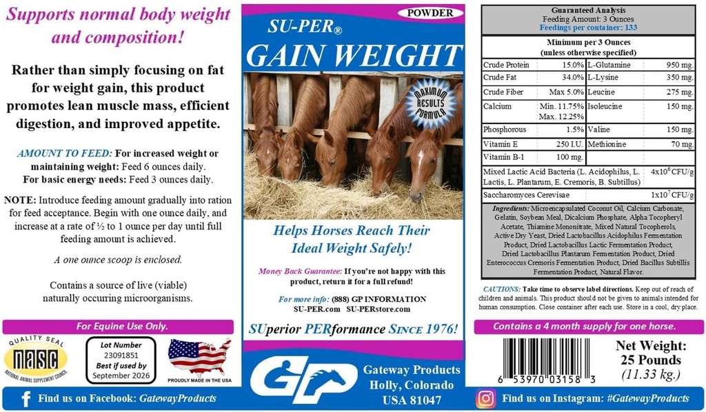 马的SU-PER增重 - Equine Supplements Weight Gainer for Horse - 推广精益肌肉弥撒,文摘和Appetite - 25英镑,4个月供应量