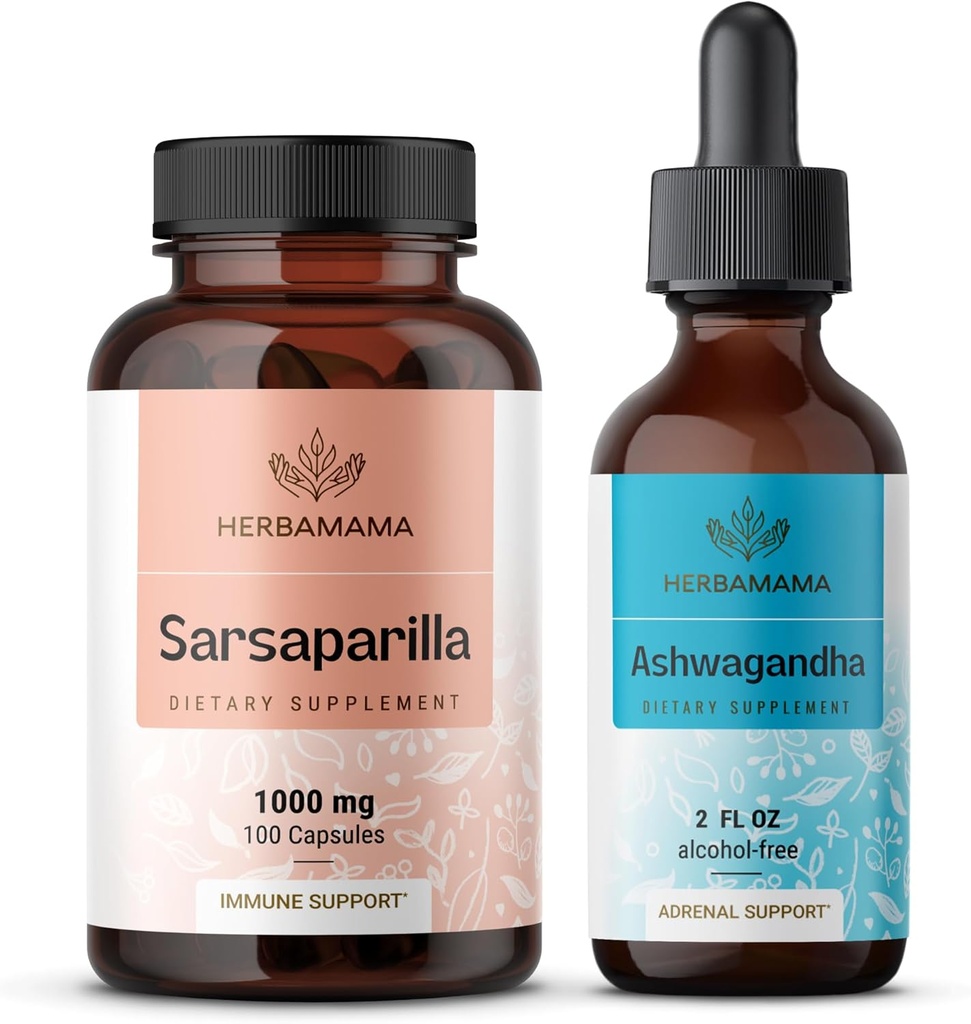 HERBAMA Sarsaparilla 和 Ashwagandha Kit - 1 000 mg Sarsaparilla Root Capsules & Ashwagandha Root Tincture 2 fl oz - Vegan,非GMO,糖和无酒精 - 2包