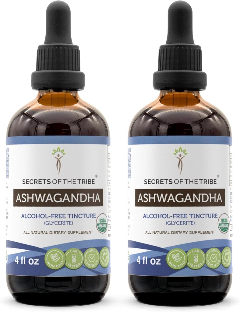Ashwagandha Tincture 无酒精提取, USDA有机 Ashwagandha Withania Somnifera 抗压力与放松 2x4 OZ