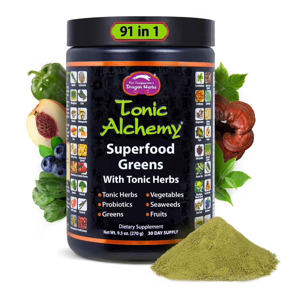 龙药草(Tonic Alchemy Superfood Greens Powder),配有91种成品: 龙药草(Tonic Herbs), Ashwagandha(Ashwagandha),蘑菇(Mushrooms),Probiotics(Probiotics), 超绿(Super Greens),海藻(Seaweed),水果(Facts),蔬菜(Veget),螺旋兰(Spirulina) - 30种服务