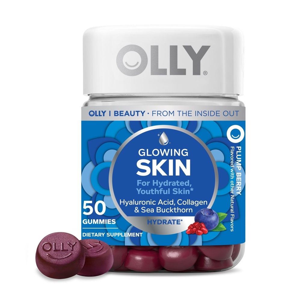 OLLY 光滑皮肤 Gummy, 水合和青春皮肤, * Hyaluronic Acid, Collagen Peptides, Sea Buckthorn, Plump Berry Flavor, 25天供应量 - 50个计数