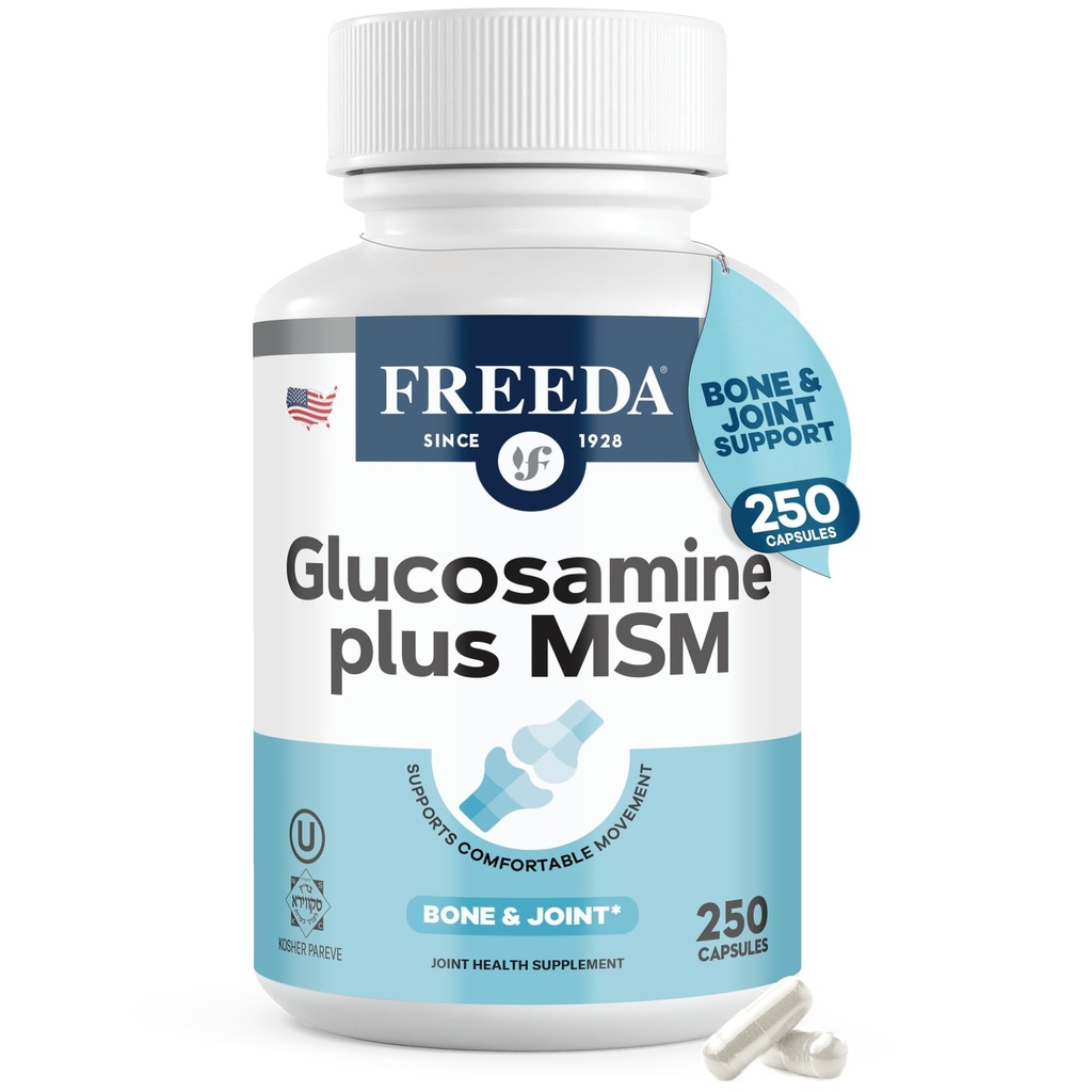 FREEDA Glucosamine MSM – Vegan 联合灵活性和流动性补编 – Vegetarian Glucosamine 无壳鱼 – 支持联合功能 – 第三方测试 – (250 Capsules)