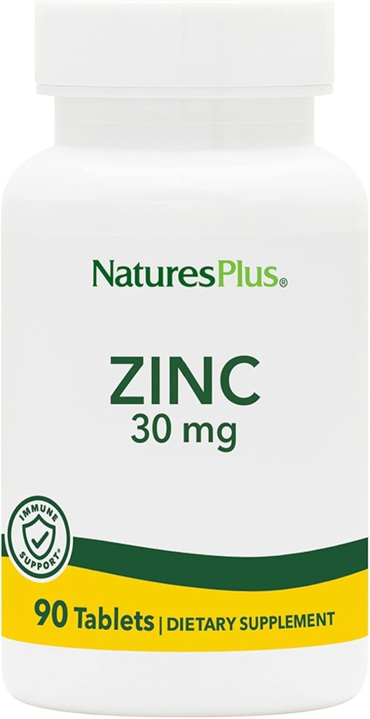 NaturesPlus 锌片 - 30 mg, 90 蔬菜片 - 细胞生长和修复的免疫系统补充 - 促进健康消化、代谢和视觉 - 无糖 - 90 服务