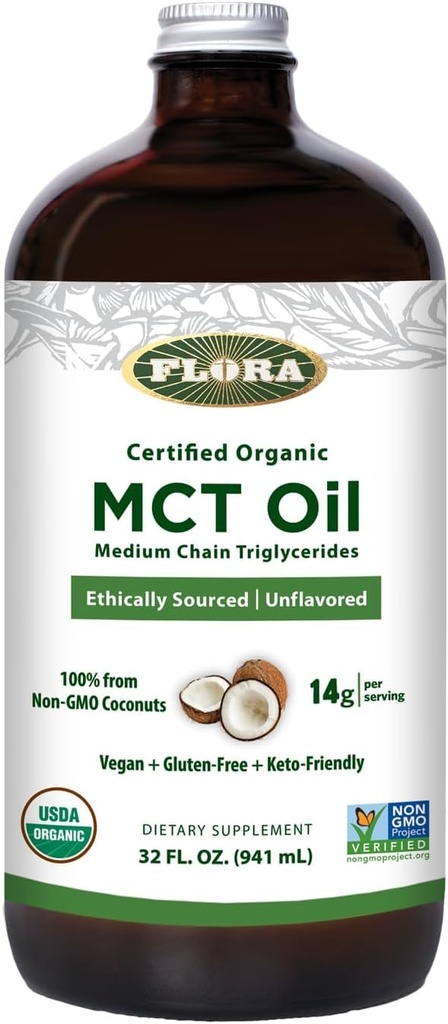 Flora - MCT 石油认证有机体 - 支持肌肉能量和脑健康 - 含有C8 Caprylic Acid & C10 Capric Acid - 非GMO,无胶体,Vegan & Keto-Friendly - 32 f. oz. 玻璃瓶