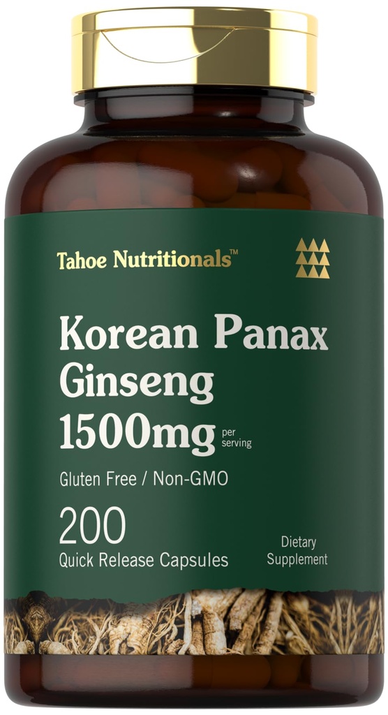 Tahoe营养素 韩国Panax Ginseng 提取 1500 mg → 200 Capsules → 男女补充 → 非GMO 和 Gluten Free